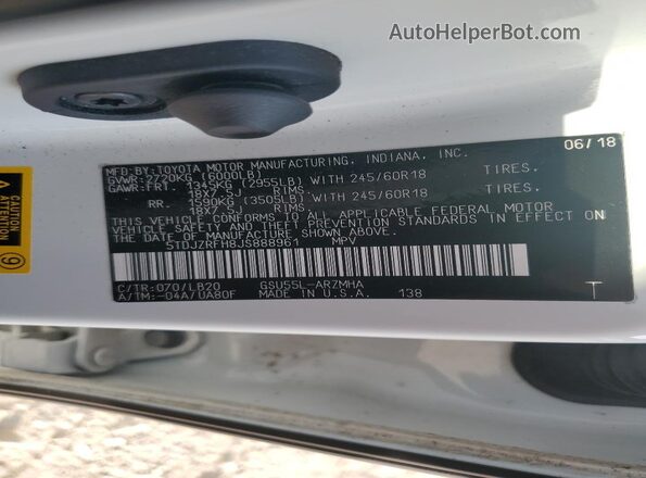 5TDJZRFH8JS888961 2018 TOYOTA HIGHLANDER Белый 