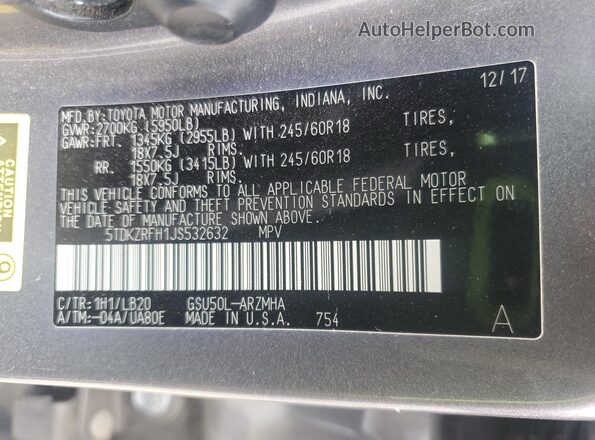 5TDKZRFH1JS532632 2018 TOYOTA HIGHLANDER Gray 