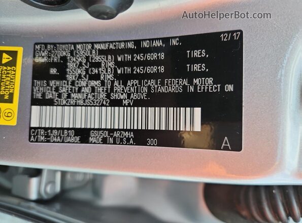 5TDKZRFH8JS532742 2018 TOYOTA HIGHLANDER Silver 