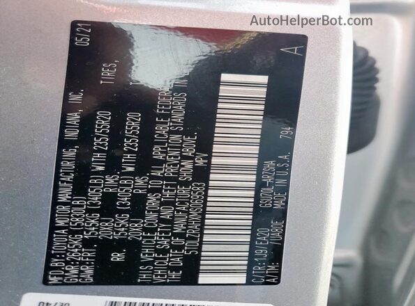 5TDLZRAHXMS069583 2021 TOYOTA HIGHLANDER Silver Вид наклейки з VIN-кодом