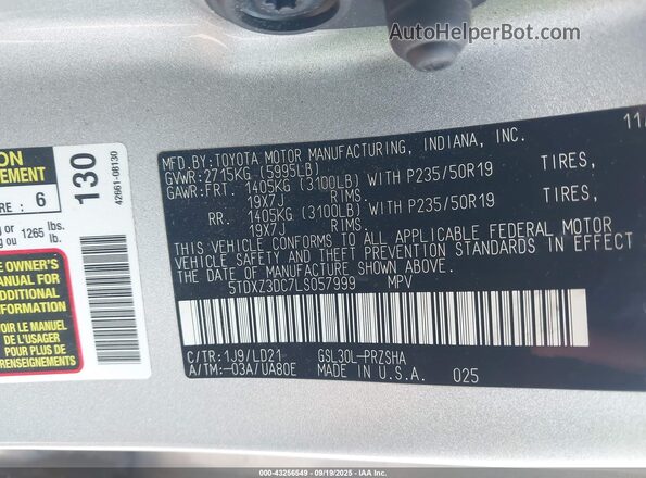 5TDXZ3DC7LS057999 2020 TOYOTA SIENNA Silver Вид підкапотного простору