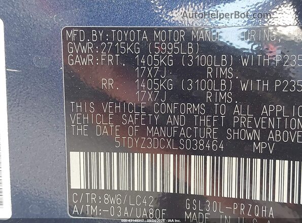 5TDYZ3DCXLS038464 2020 TOYOTA LE Blue Շարժիչի բաժամունքի տեսք