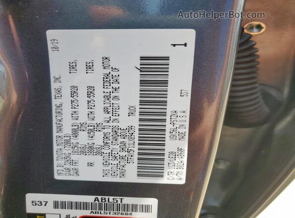5TFAY5F11LX894399 2020 TOYOTA TUNDRA Серый Вид наклейки с VIN-кодом