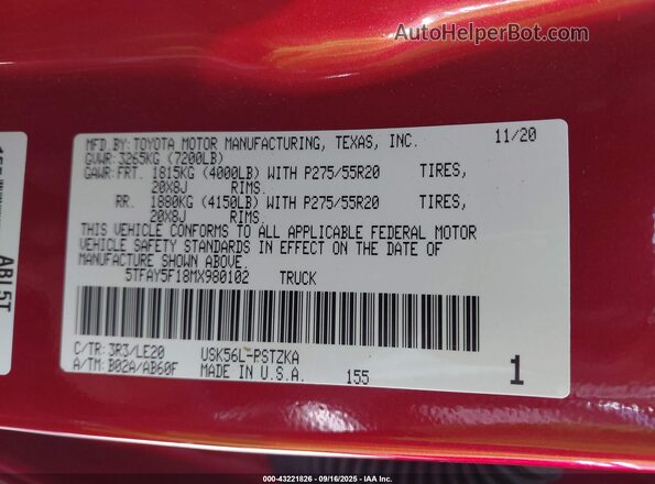 5TFAY5F18MX980102 2021 TOYOTA TUNDRA Красный Вид подкапотного пространства