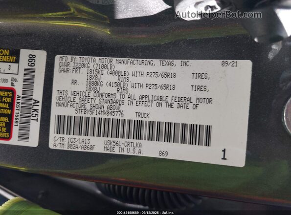 5TFBY5F14MX045776 2021 TOYOTA LIMITED Gray ძრავის განყოფილების ხედი