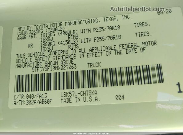 5TFCY5F10MX027263 2021 TOYOTA TUNDRA Белый 