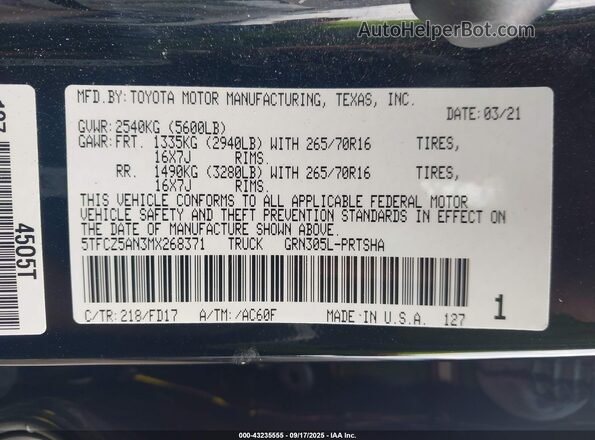5TFCZ5AN3MX268371 2021 TOYOTA TACOMA Black Շարժիչի բաժամունքի տեսք