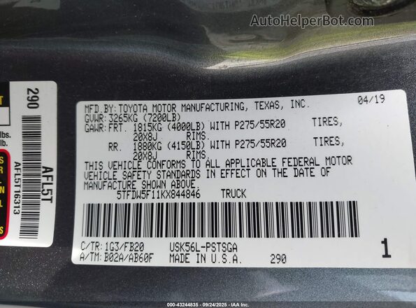 5TFDW5F11KX844846 2019 TOYOTA TUNDRA Gray Vista del compartimento del motor