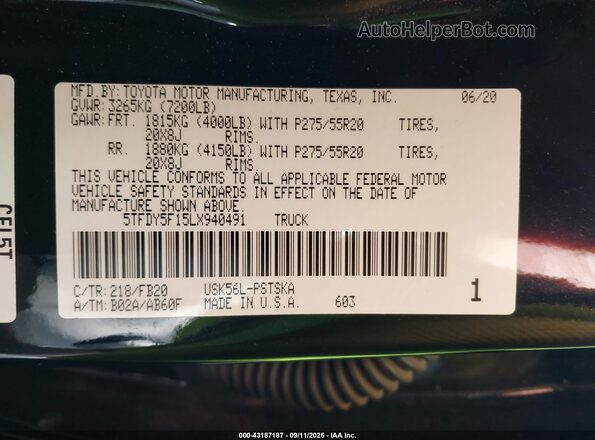 5TFDY5F15LX940491 2020 TOYOTA TUNDRA Black Շարժիչի բաժամունքի տեսք