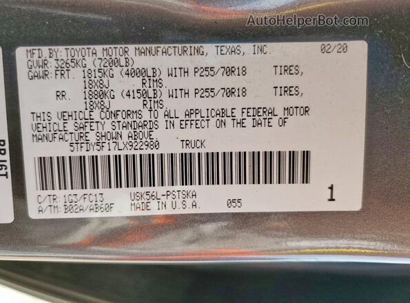 5TFDY5F17LX922980 2020 TOYOTA TUNDRA Charcoal 