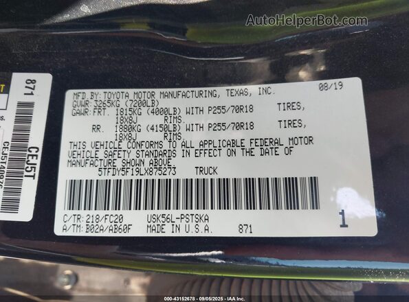 5TFDY5F19LX875273 2020 TOYOTA TUNDRA Черный Вид подкапотного пространства