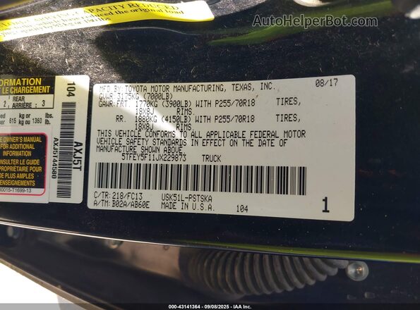 5TFEY5F11JX229873 2018 TOYOTA TUNDRA Black 