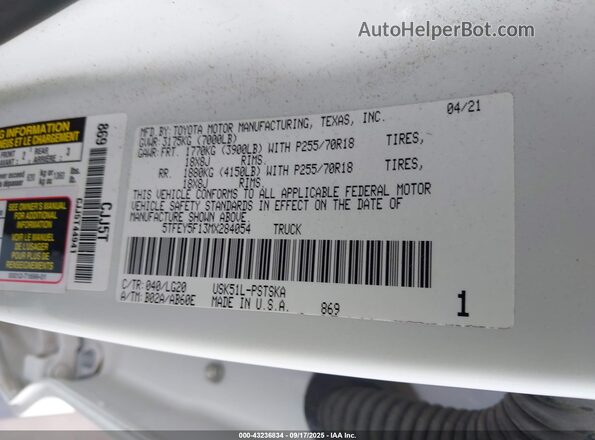 5TFEY5F13MX284054 2021 TOYOTA TUNDRA White 