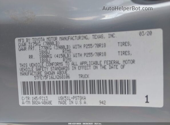 5TFEY5F16LX268106 2020 TOYOTA TUNDRA Gray Engine compartment view