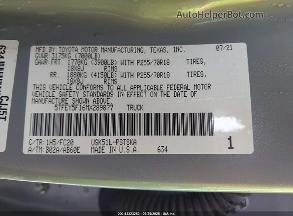5TFEY5F16MX289877 2021 TOYOTA TUNDRA Серый Вид подкапотного пространства