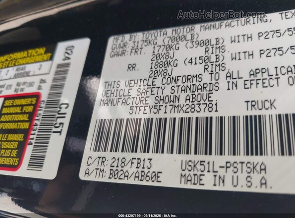 5TFEY5F17MX283781 2021 TOYOTA TUNDRA Черный Вид подкапотного пространства