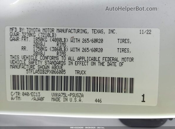 5TFLA5DB2PX066005 2023 TOYOTA TUNDRA White Շարժիչի բաժամունքի տեսք