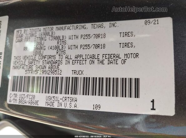 5TFRY5F19MX298512 2021 TOYOTA TUNDRA Black Widok komory silnika