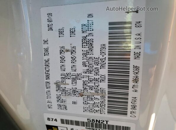 5TFSX5EN9JX062897 2018 TOYOTA TACOMA White 