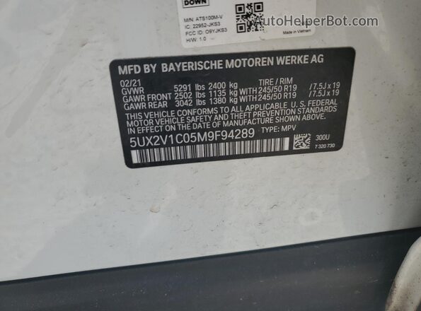 5UX2V1C05M9F94289 2021 BMW X4 White Widok naklejki z numerem VIN