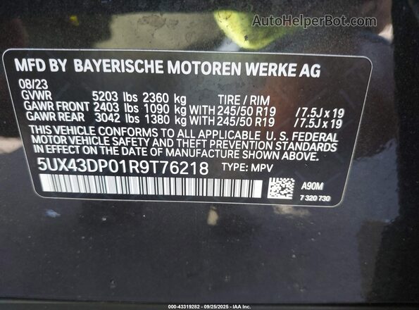 5UX43DP01R9T76218 2024 BMW X3 Black 