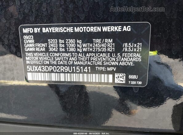 5UX43DP02R9U15141 2024 BMW X3 Black Вид підкапотного простору