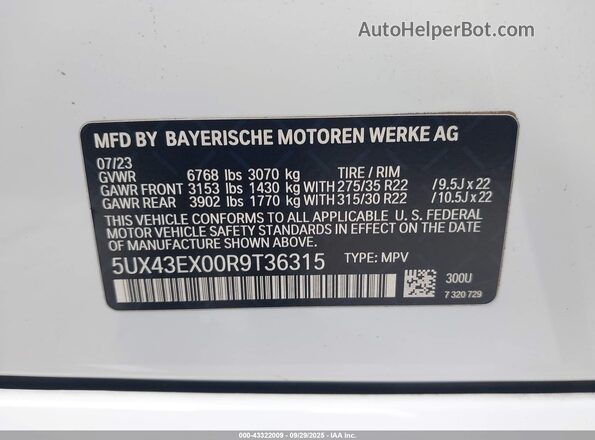 5UX43EX00R9T36315 2024 BMW X6 White Engine compartment view
