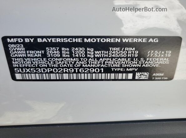 5UX53DP02R9T62901 2024 BMW X3 White 