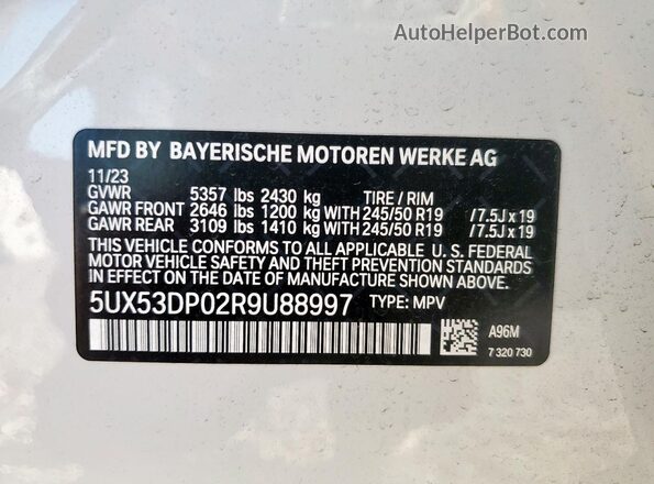 5UX53DP02R9U88997 2024 BMW X3 White 
