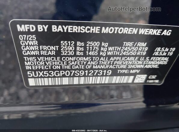 5UX53GP07S9127319 2025 BMW X3 Blue Engine compartment view