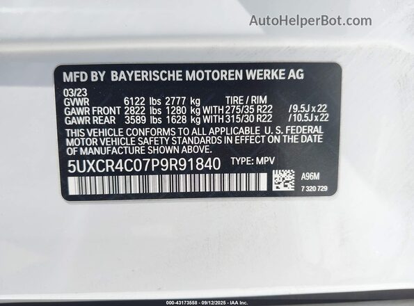 5UXCR4C07P9R91840 2023 BMW X5 White Շարժիչի բաժամունքի տեսք