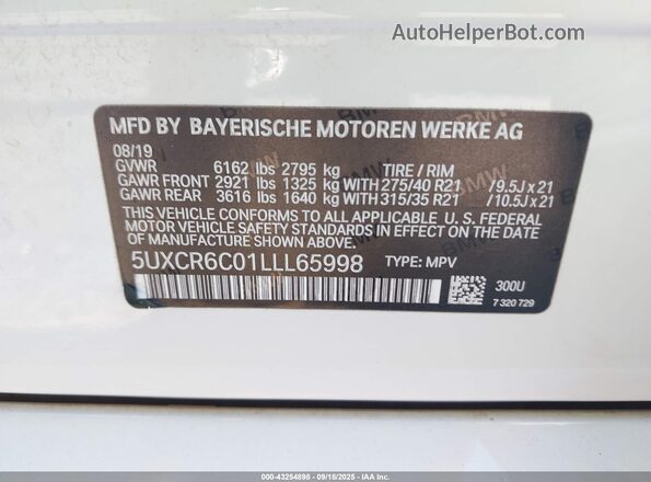 5UXCR6C01LLL65998 2020 BMW X5 White Շարժիչի բաժամունքի տեսք