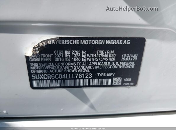5UXCR6C04LLL76123 2020 BMW X5 White 