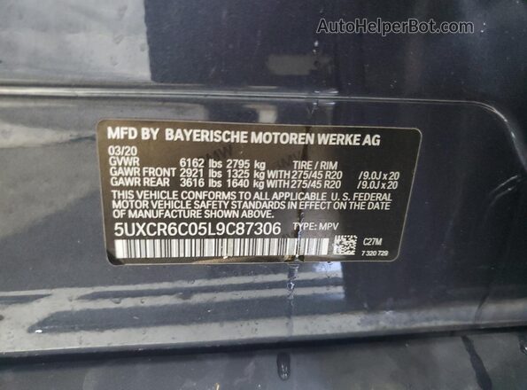 5UXCR6C05L9C87306 2020 BMW X5 Charcoal Вид наклейки з VIN-кодом