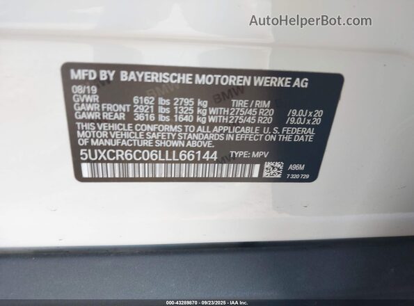 5UXCR6C06LLL66144 2020 BMW X5 White Engine compartment view