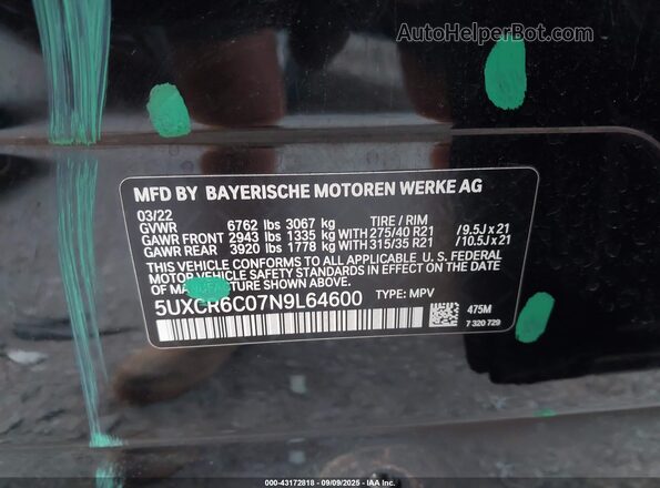 5UXCR6C07N9L64600 2022 BMW X5 Black Вид підкапотного простору