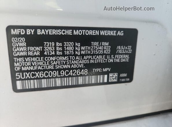 5UXCX6C09L9C42648 2020 BMW X7 Белый Вид наклейки с VIN-кодом