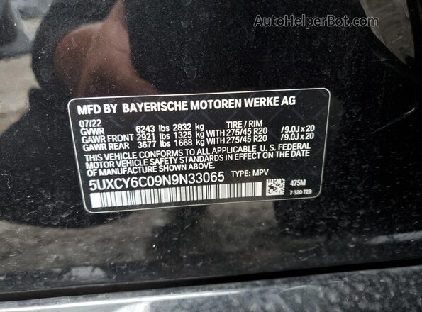 5UXCY6C09N9N33065 2022 BMW X6 Black Вид наклейки з VIN-кодом