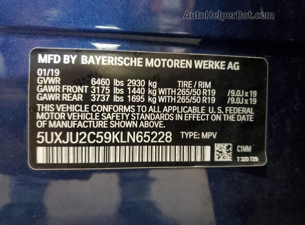 5UXJU2C59KLN65228 2019 BMW X5 Blue Вид наклейки з VIN-кодом