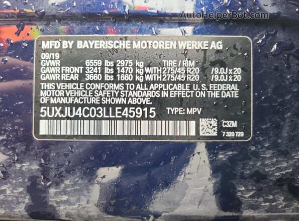 5UXJU4C03LLE45915 2020 BMW X5 Blue VIN sticker view