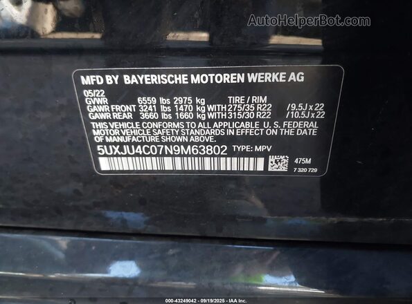 5UXJU4C07N9M63802 2022 BMW X5 Black Widok komory silnika