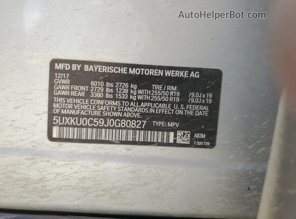 5UXKU0C59J0G80827 2018 BMW X6 Серебряный 