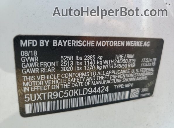 5UXTR9C50KLD94424 2019 BMW X3 White Widok wnętrza 360 stopni