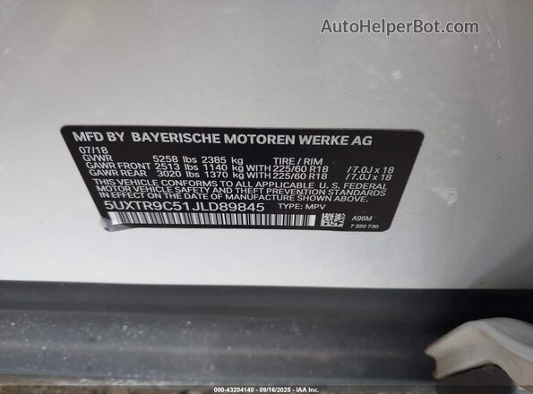 5UXTR9C51JLD89845 2018 BMW X3 White 