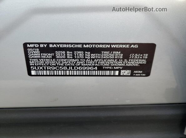 5UXTR9C58JLD69964 2018 BMW X3 Серебряный 