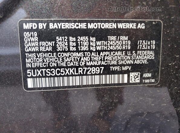 5UXTS3C5XKLR72897 2019 BMW X3 Gray VIN կոդի պիտակի տեսք