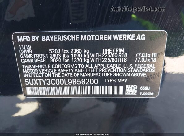 5UXTY3C00L9B58200 2020 BMW X3 Black Vista del compartimento del motor