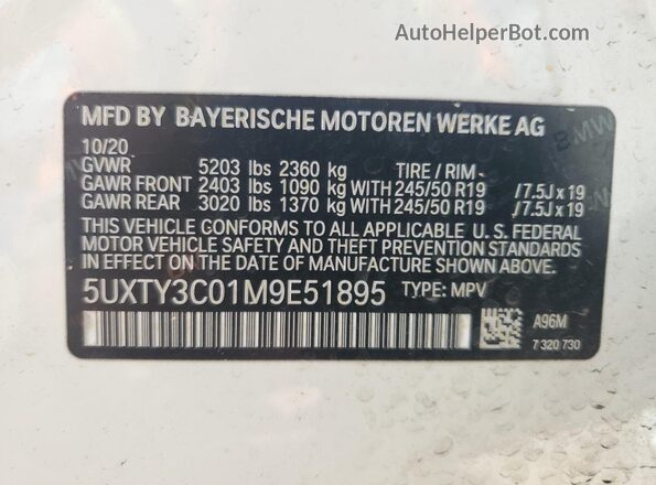5UXTY3C01M9E51895 2021 BMW X3 White Widok naklejki z numerem VIN