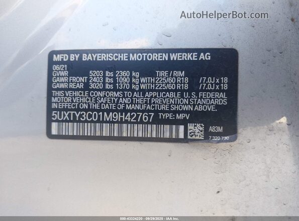 5UXTY3C01M9H42767 2021 BMW X3 Silver Vista del compartimento del motor