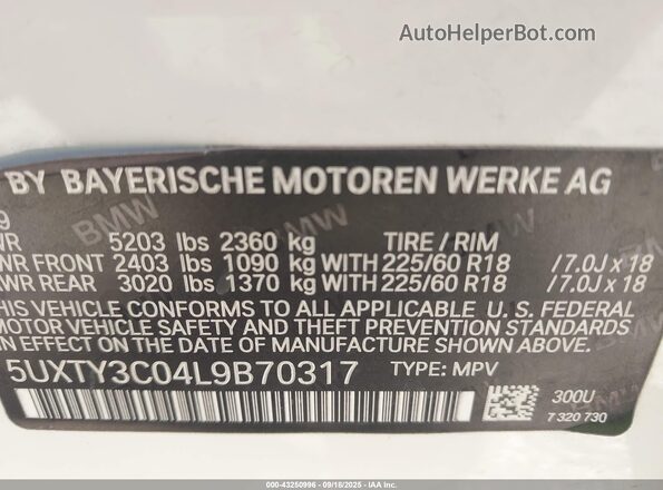 5UXTY3C04L9B70317 2020 BMW X3 White Widok komory silnika